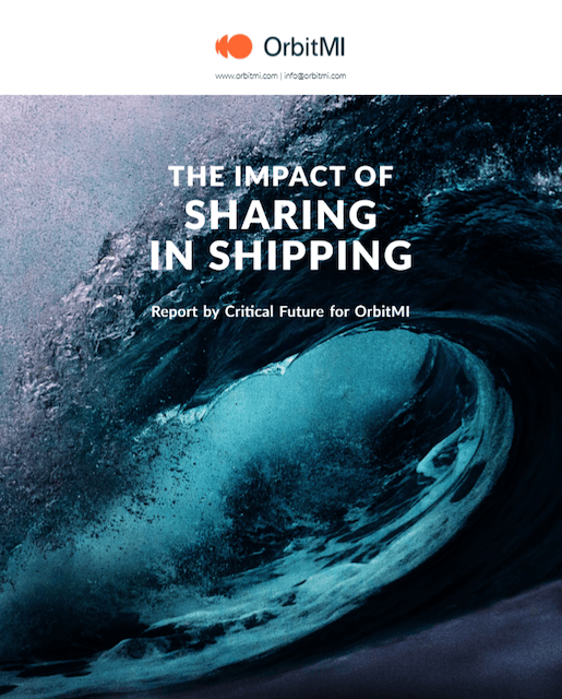 Cover of the Impact of Sharing in Shipping whitepaper featuring OrbitMI Logo and a wave cresting as the background.